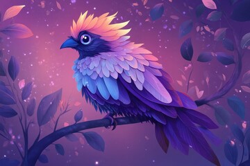 Fototapeta premium A vibrant iridescent bird perched on a branch among leaves