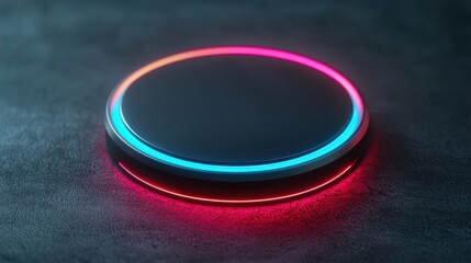 A glowing, circular device with colorful edges sits on a textured surface, creating a modern, futuristic aesthetic.