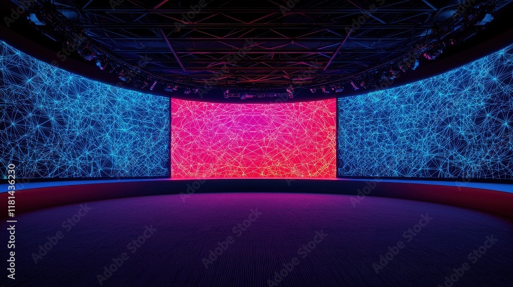Poster a futuristic room featuring vibrant screens displaying colorful abstract patterns, creating a dynami