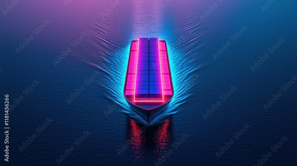 Poster a vibrant, illuminated boat navigates dark waters, creating colorful reflections and a striking visu