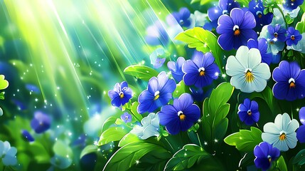 Illustration of blue pansies blooming in summer garden under setting sun, perfect for spring banner with copy space.