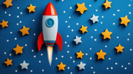 A colorful rocket surrounded by stars on a blue background, evoking a playful and imaginative space theme for children.