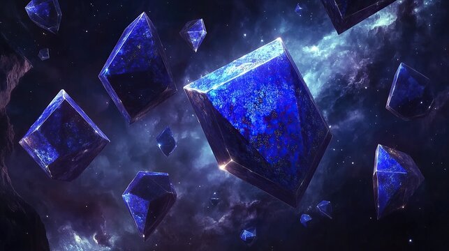 **A collection of floating polyhedral shapes carved from glowing lapis lazuli-like materials