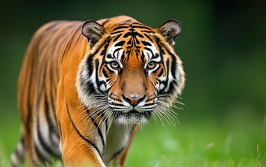 Fototapeta premium A majestic tiger prowls through lush green grass, showcasing its vibrant orange fur and striking black stripes, embodying strength and elegance in its natural habitat.