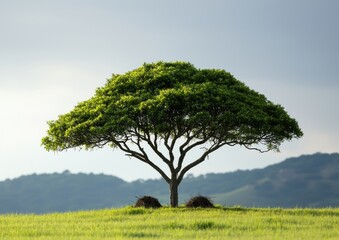Obraz premium A solitary, lush green tree stands gracefully on a hill, surrounded by open fields and gentle hills in the background, under a serene sky.