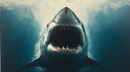Great white shark underwater, open mouth, close-up.