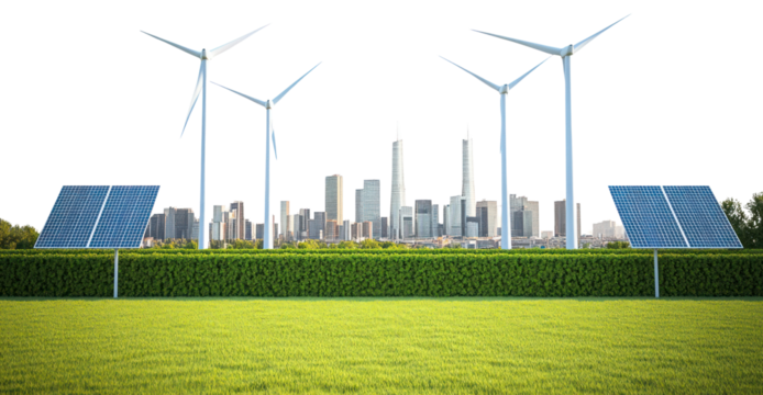 PNG 3 wind turbines city modern panels.