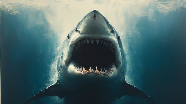 Great white shark underwater, open mouth, close-up.