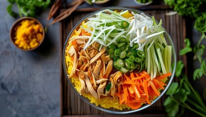 Colorful Vietnamese Bowl with Fresh Toppings and Ingredients Ready for Enjoyment