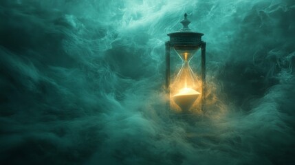Flowing sand in an hourglass amidst glowing blue smoke and fiery amber light