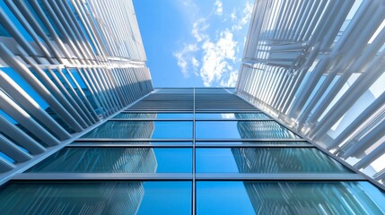 Fototapeta premium Modern building facade, glass, blue sky, geometric lines.