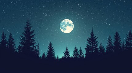 Naklejka premium A serene night scene featuring a full moon illuminating a forested landscape under a starry sky.