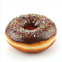 A delicious chocolate donut topped with colorful sprinkles, perfect for dessert or snack time.