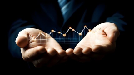 A business professional in a dark suit holding out their hand with an upward-trending graph and financial data floating above it
