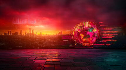 Futuristic city skyline with glowing charts and data visualization, showcasing vibrant sunset. scene combines technology and urban life, creating dynamic atmosphere