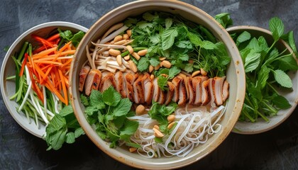 Fresh Vietnamese Bun Thit Nuong Bowl with Grilled Meat and Vibrant Vegetables and Herbs