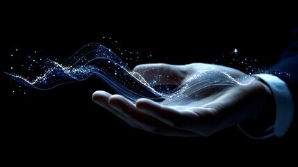 Naklejka premium A business professional in a dark suit holding out their hand with an upward-trending graph and financial data floating above it