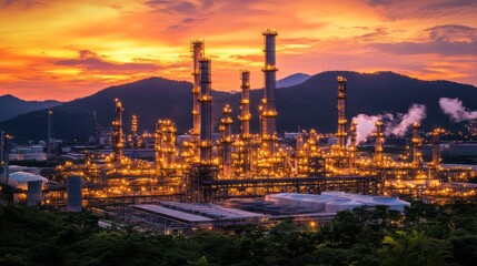 Fototapeta premium Industrial Landscape at Dusk with Reflected Lights on Oil Refinery Towers Against Vibrant Sky and Mountains in Background