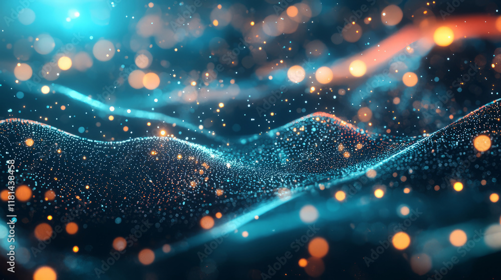 Poster abstract digital background featuring glowing particles and vibrant light patterns