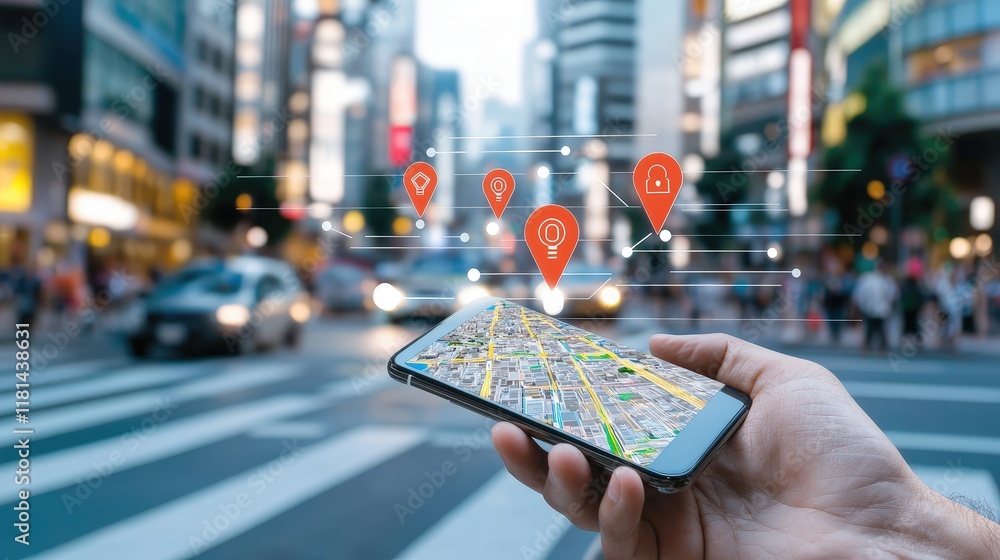 Poster a traveler navigating with augmented reality maps on a smartphone while standing in a busy city.