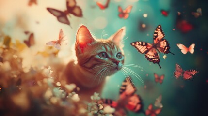 Fototapeta premium In a magical garden, a vibrant cat with butterfly wings floats gracefully amidst a flurry of colorful butterflies, exuding a sense of wonder and joy