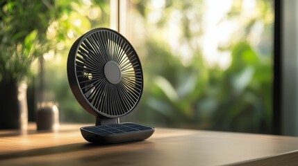 Solar-powered fan sits on wooden table, green background.