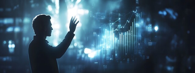 A business professional in a dark suit holding out their hand with an upward-trending graph and financial data floating above it