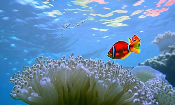 Clownfish swimming near soft coral in a vibrant and thriving underwater ecosystem.