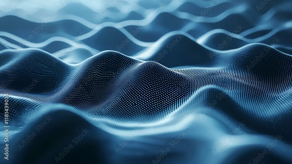 Poster abstract digital particles forming dynamic flowing waves in blue