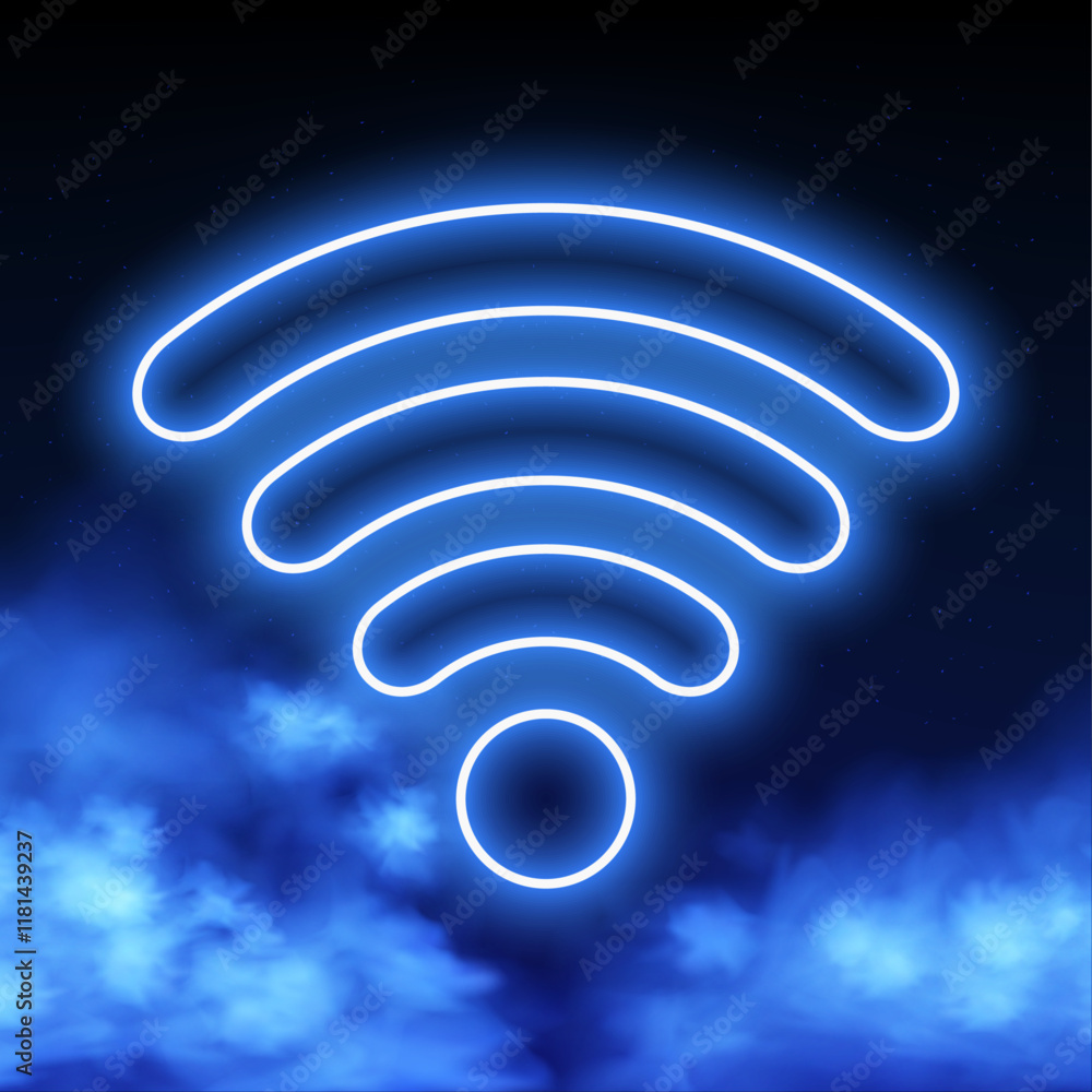 Poster wifi symbol with blue glowing light effect: futuristic wireless networking, radar, and signal sensor