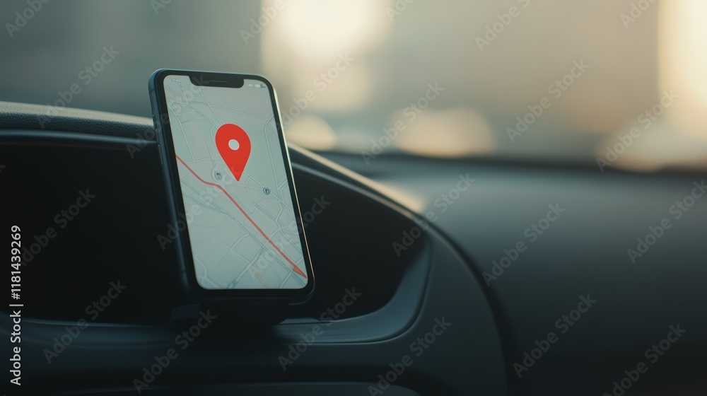 Poster Modern smartphone showing gps navigation app with marked location on map is securely mounted on car dashboard, providing real time directions for convenient and efficient travel
