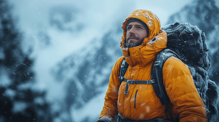 A bearded man in an orange down jacket and a snow-covered hat looks up as if admiring the landscape. He is carrying a large black backpack, also covered with snow.
