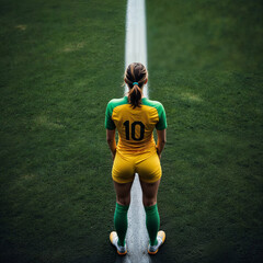 Female soccer player is wearing yellow jersey. She is standing on green field.