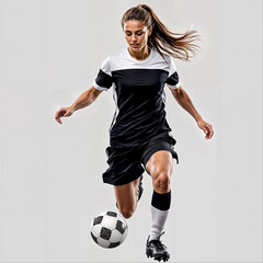 Female soccer player is wearing black jersey in dynamic pose