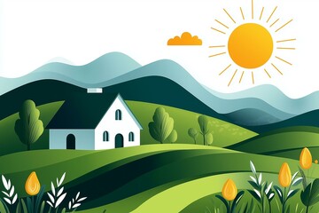 Fototapeta premium A serene rural landscape featuring a white house, green hills, vibrant flowers, and a bright sun shining above.