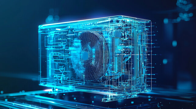Digital hologram representation of a futuristic electronic cooling device in neon light