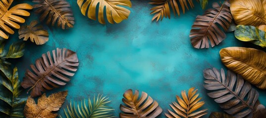 Golden and Brown Tropical Leaves on Vibrant Emerald Green Background Textured Backdrop