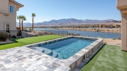 Obraz premium Luxury Poolside Paradise with Stunning Mountain and River Views