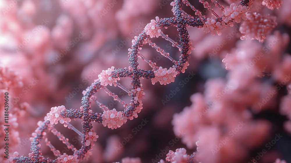 Poster the dna molecule. the dna double helix with visible individual elements that look like small balls o