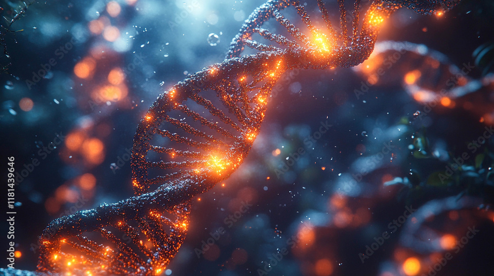 Poster the dna molecule. a double helix is depicted as a dark gray or black object consisting of many small