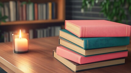 A stack of coral, pink, and teal books on a modern wooden desk with a lit candle softly glowing,...