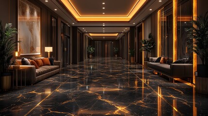 modern luxury corridor with artistic dark marble flooring, geometric patterns in deep tones, high ceilings with intricate crown molding