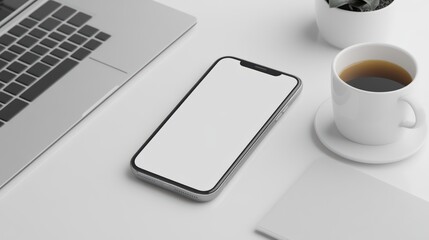 A minimalist workspace featuring a smartphone, laptop, and coffee.