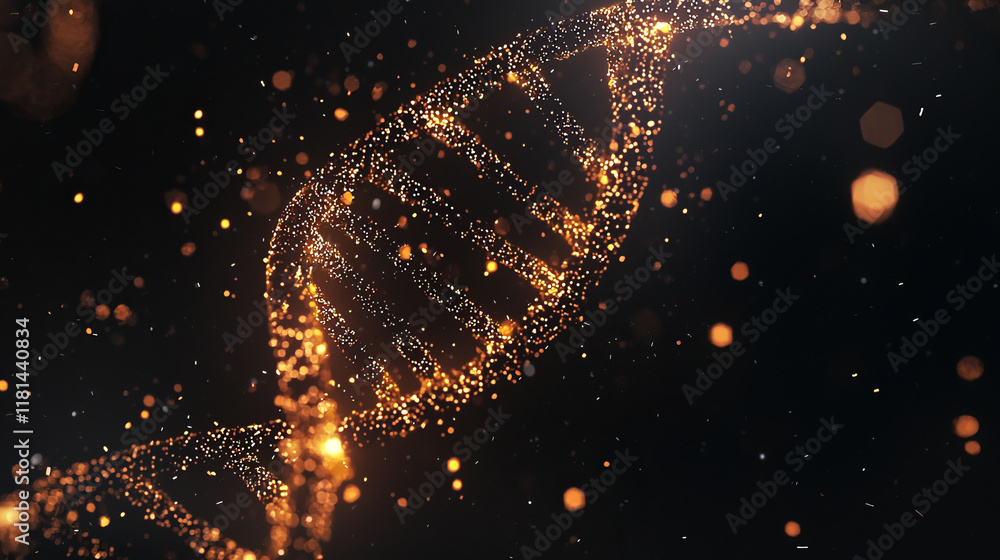 Poster golden dna structure surrounded by shimmering particles on a dark background
