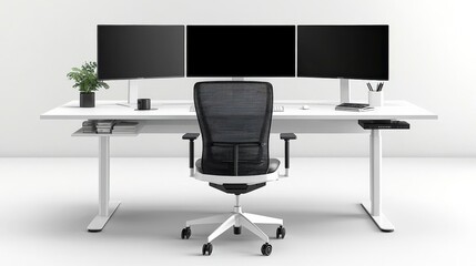 A modern workspace featuring a sleek desk, ergonomic chair, and three monitors, designed for productivity and comfort.