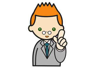 指さしポーズのスーツ姿の白人男性