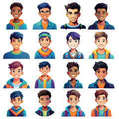 A collection of teenage boy avatars featuring mixed ethnicities, showcasing diverse skin tones, hairstyles, and personal styles. Each head-and-shoulders illustration captures youthful energy.