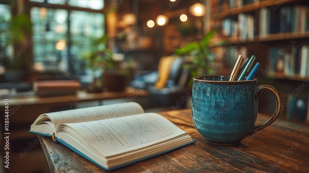 Poster eclectic reading nook with an open book and a coffee mug in a cozy library setting