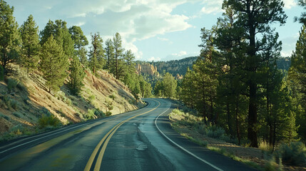 Fototapeta premium Winding mountain road through lush forested landscape under clear sky