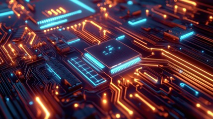 Obraz premium A close-up view of a circuit board with glowing components.